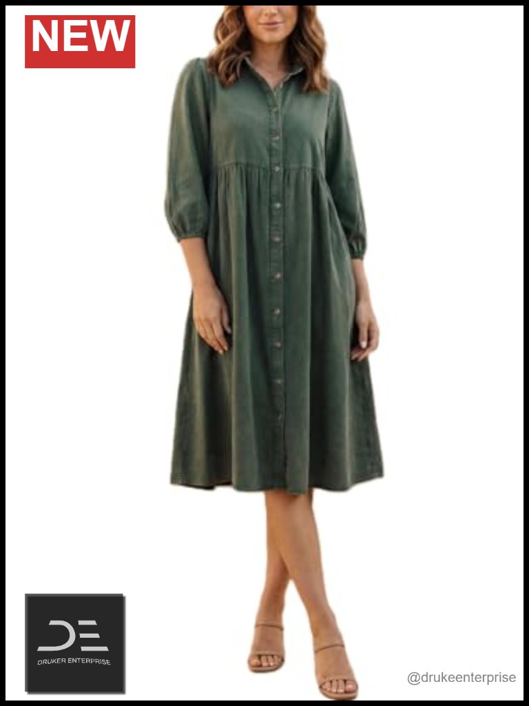 3/4 Sleeve Button Front Collared Empire Waist Swing Midi Dress
